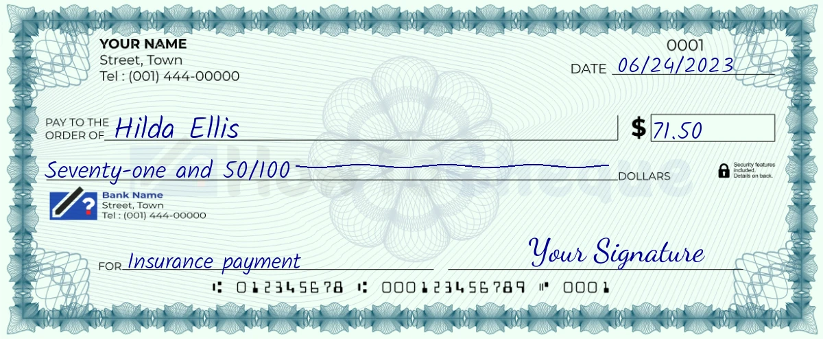 Example check of 71 dollar 50 cent