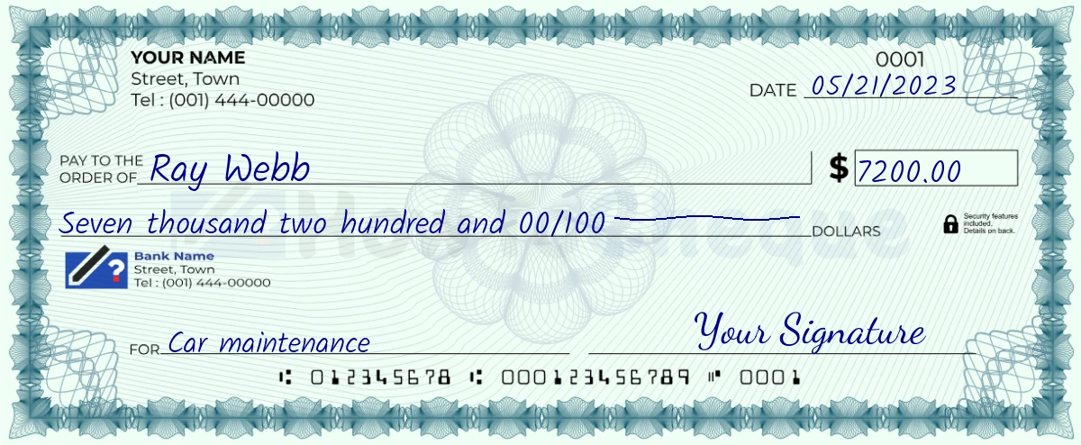 Example check of 7200 dollar
