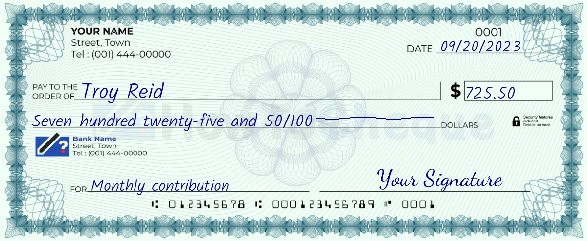 Example check of 725 dollar 50 cent