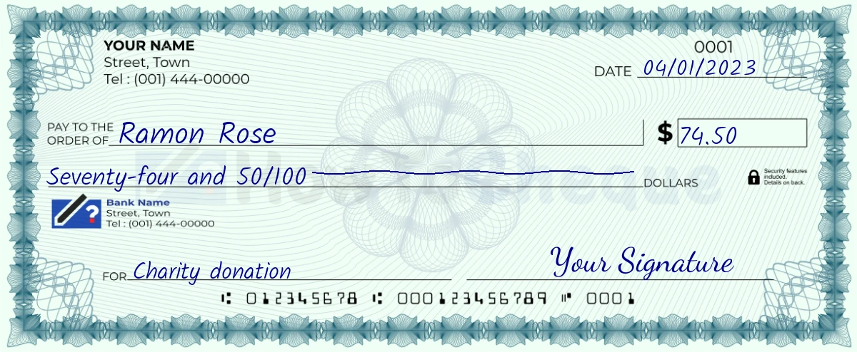 Example check of 74 dollar 50 cent