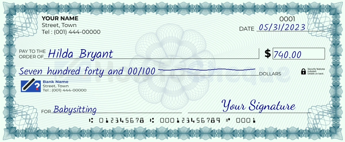 Example check of 740 dollar