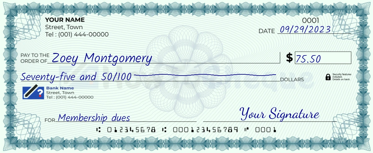 Example check of 75 dollar 50 cent