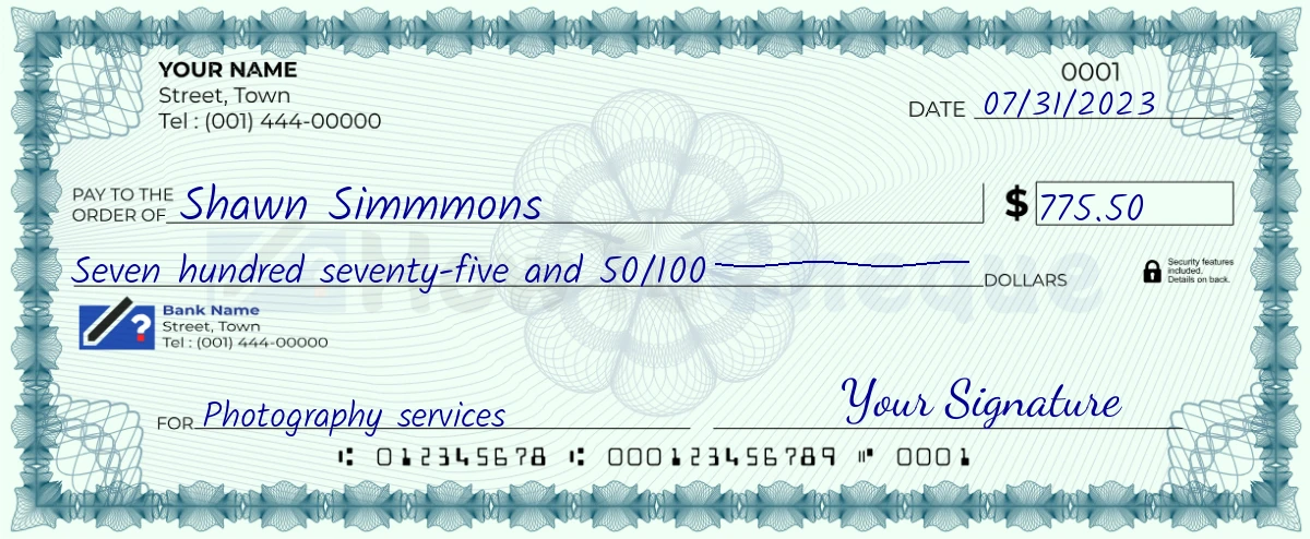 Example check of 775 dollar 50 cent