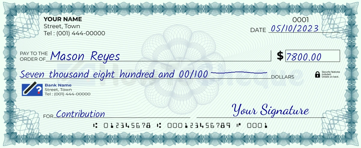 Example check of 7800 dollar