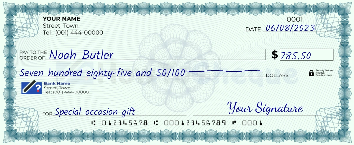 Example check of 785 dollar 50 cent