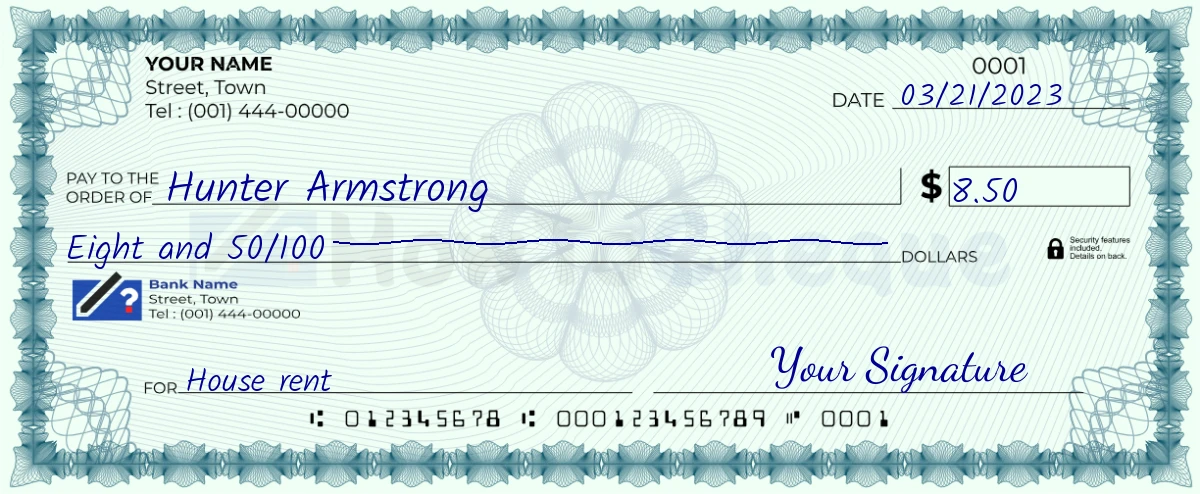 Example check of 8 dollar