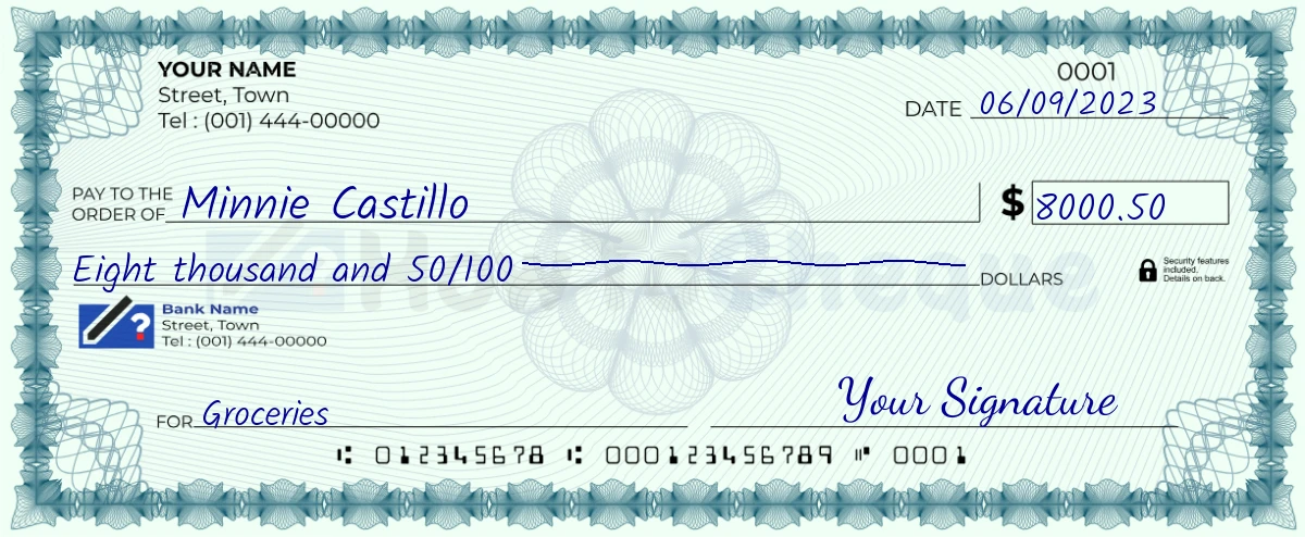 Example check of 8000 dollar 50 cent