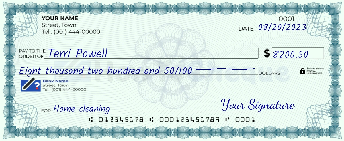 Example check of 8200 dollar 50 cent