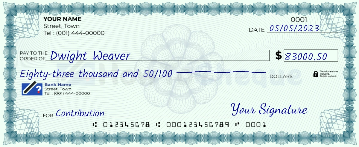 Example check of 83000 dollar 50 cent