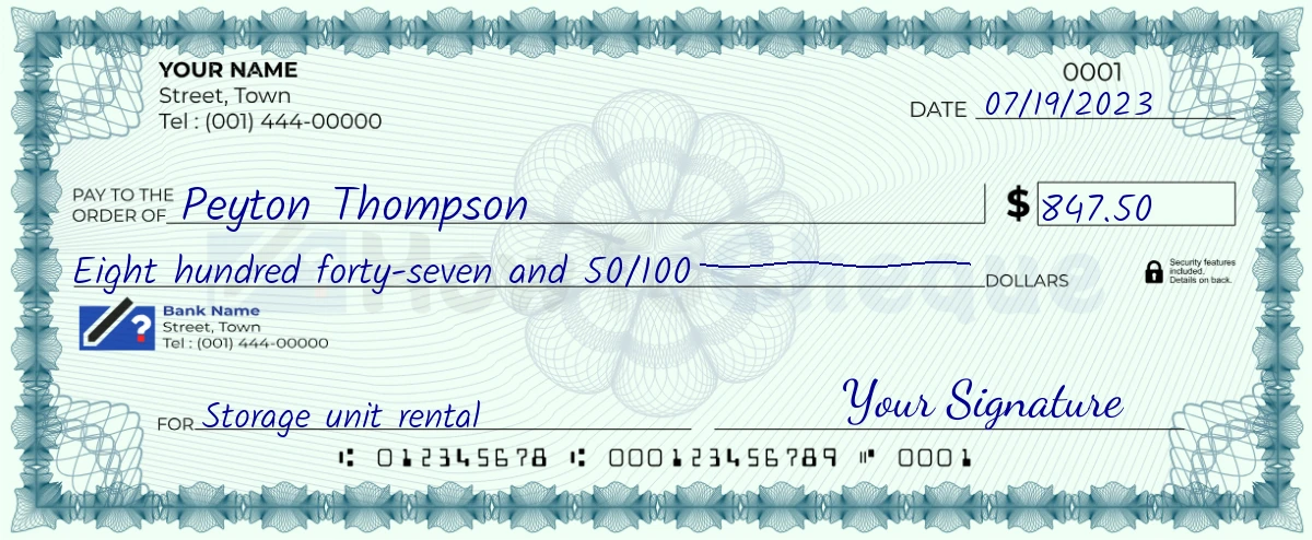 Example check of 847 dollar 50 cent
