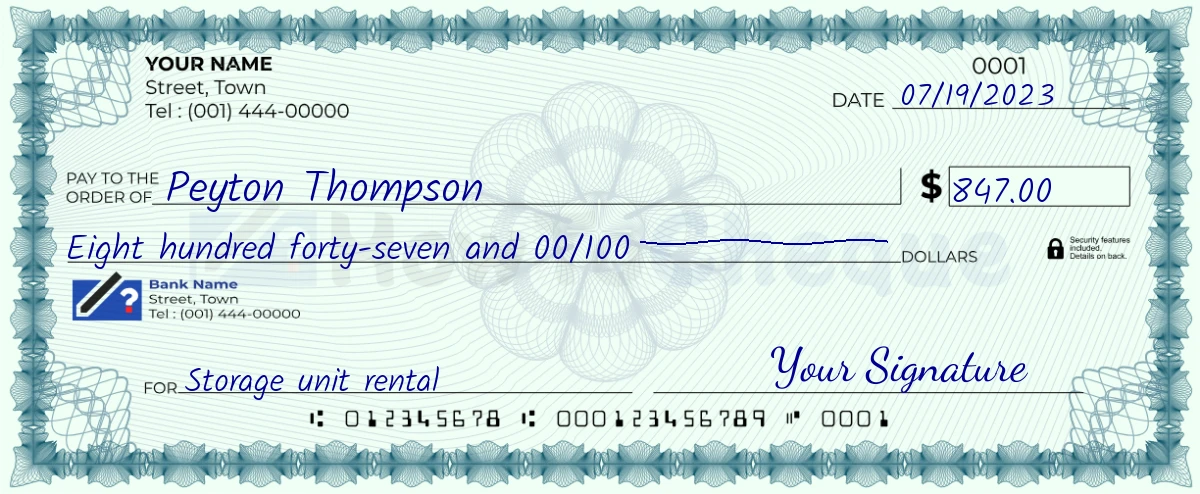 Example check of 847 dollar
