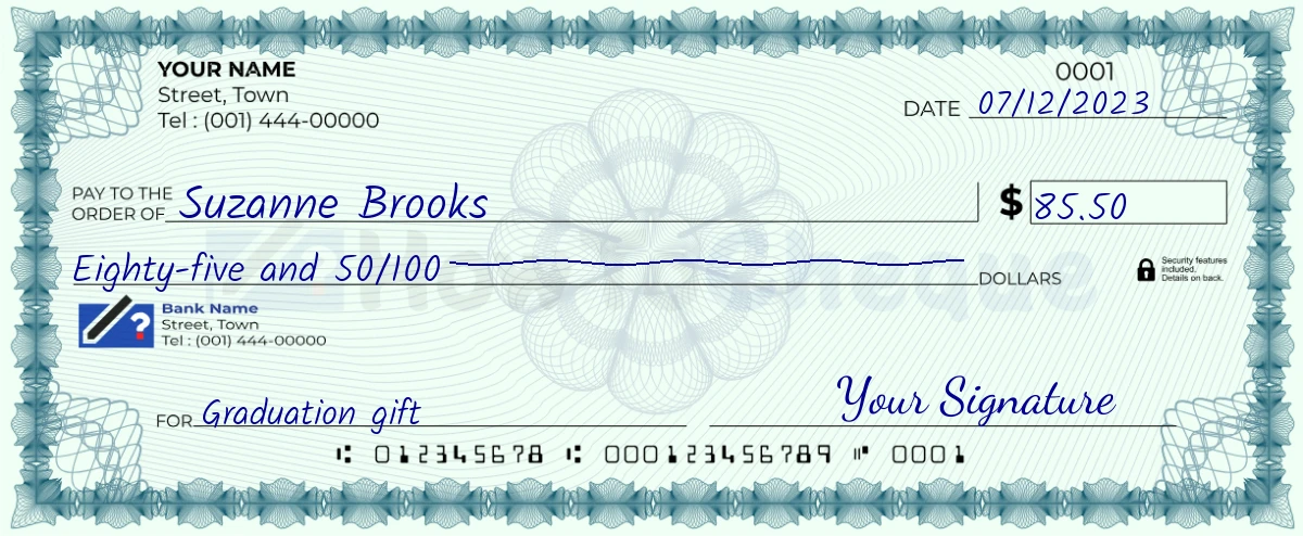 Example check of 85 dollar 50 cent