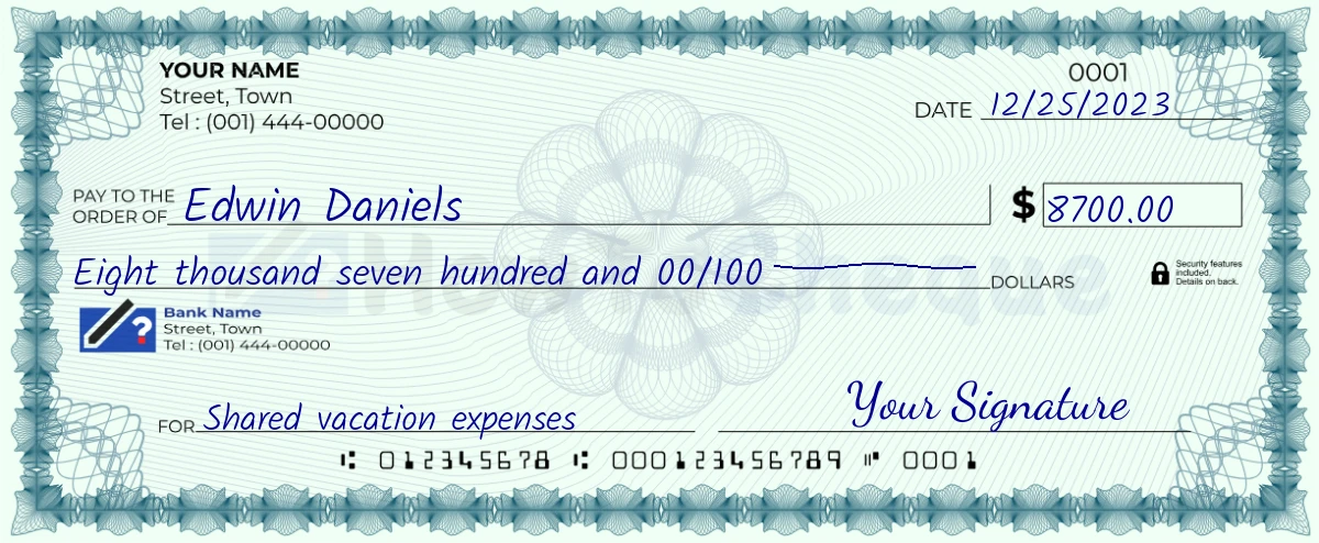 Example check of 8700 dollar
