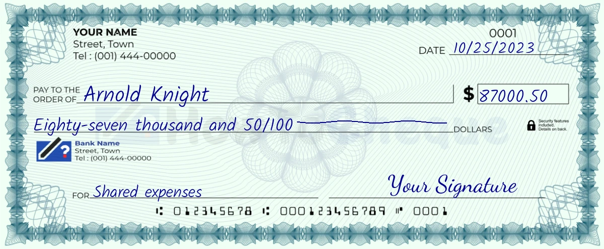 Example check of 87000 dollar 50 cent