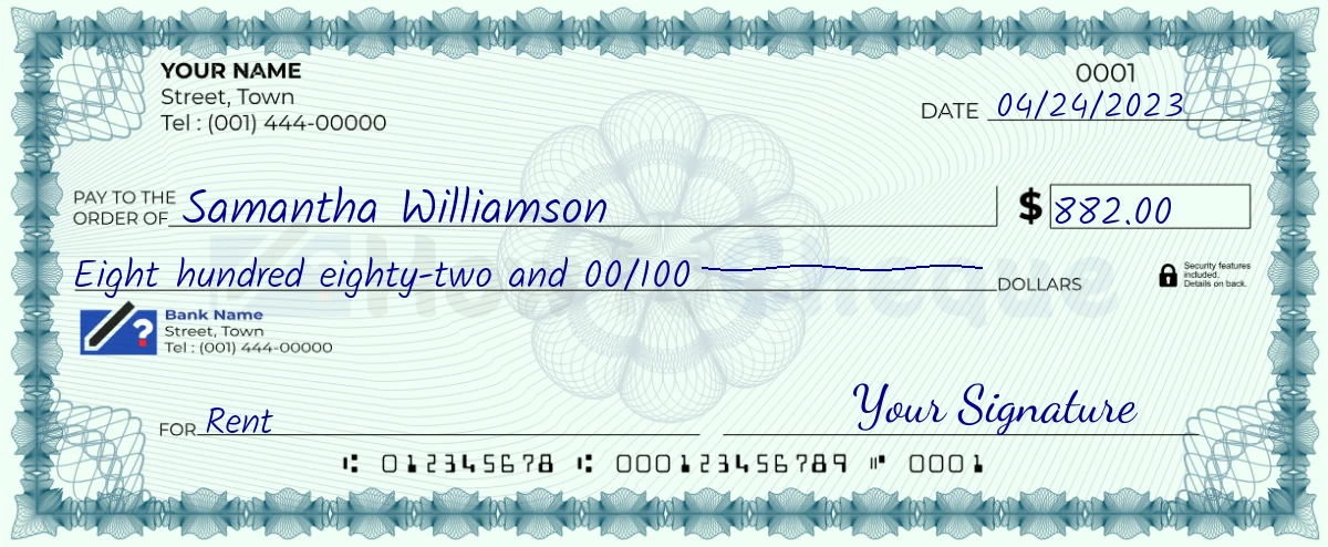 Example check of 882 dollar