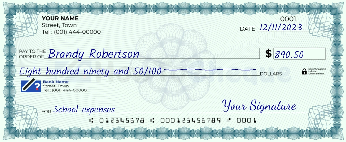 Example check of 890 dollar 50 cent