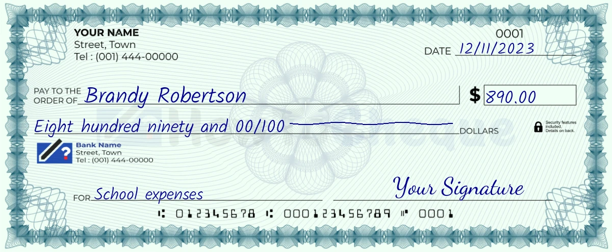 Example check of 890 dollar
