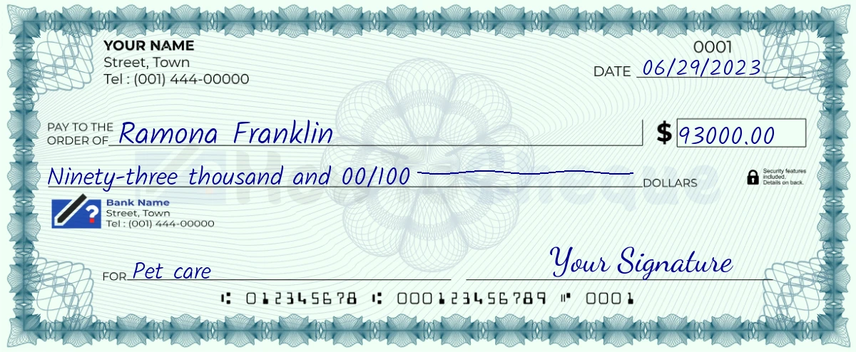 Example check of 93000 dollar