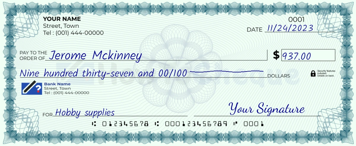 Example check of 937 dollar