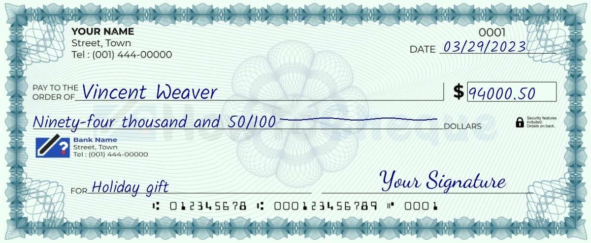 Example check of 94000 dollar 50 cent