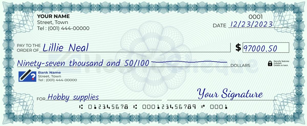 Example check of 97000 dollar 50 cent