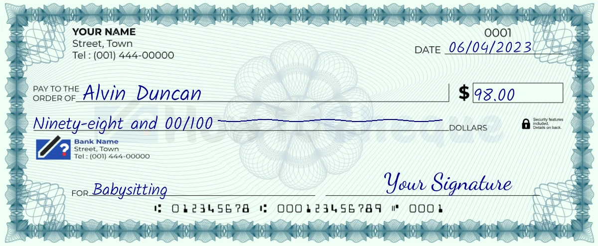 Example check of 98 dollar