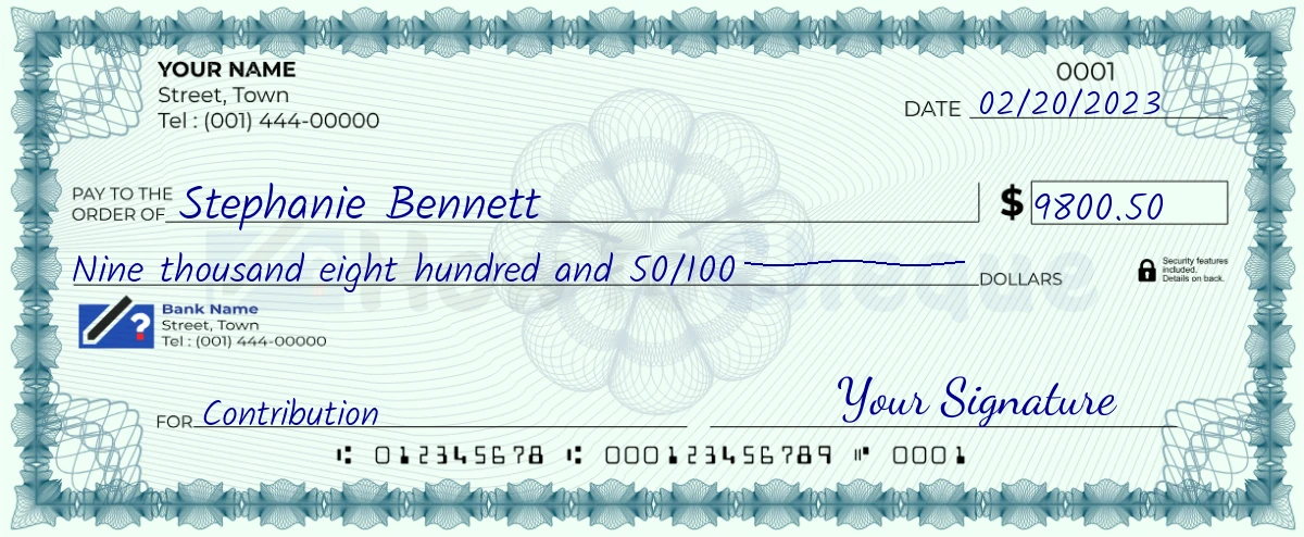 Example check of 9800 dollar 50 cent