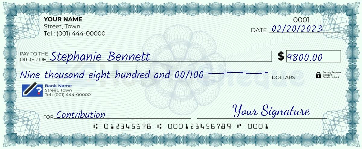 Example check of 9800 dollar