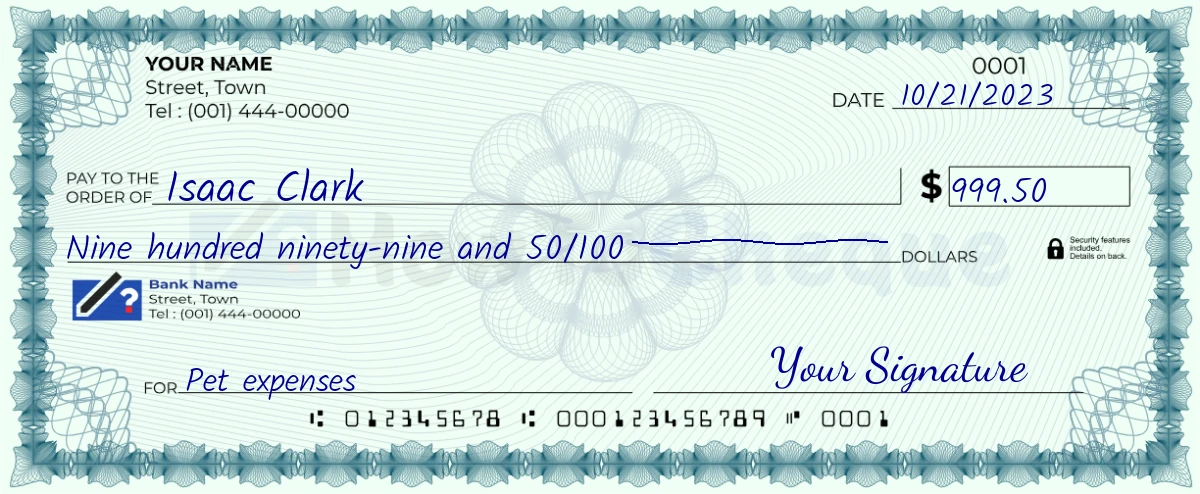 Example check of 999 dollar 50 cent