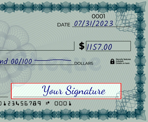 Step 6: Sign the 1157 dollar check, showing a check with a sample signature in the signature field