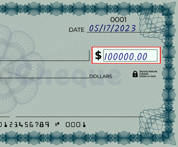 Step 3: Write the amount on the 100000 dollar check, showing a check with '100000.00' written in the amount field