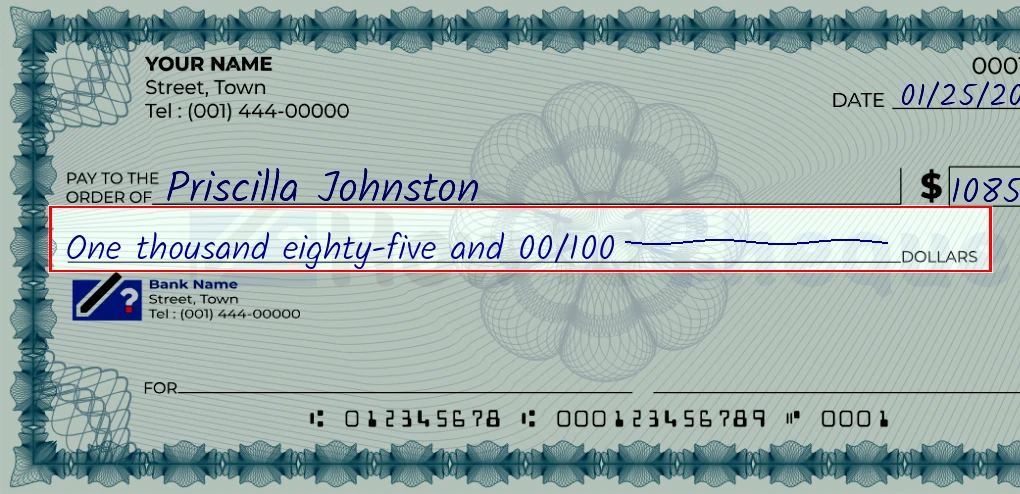 Step 4: Write the amount in words on the 1085 dollar check, showing a check with 'One thousand eighty-five and 00/1085' written in the amount field