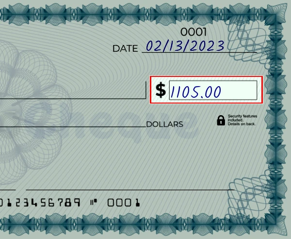 Step 3: Write the amount on the 1105 dollar check, showing a check with '1105.00' written in the amount field