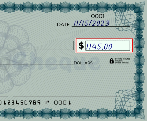 Step 3: Write the amount on the 1145 dollar check, showing a check with '1145.00' written in the amount field