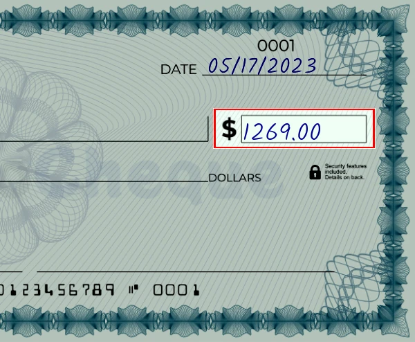 Step 3: Write the amount on the 1269 dollar check, showing a check with '1269.00' written in the amount field