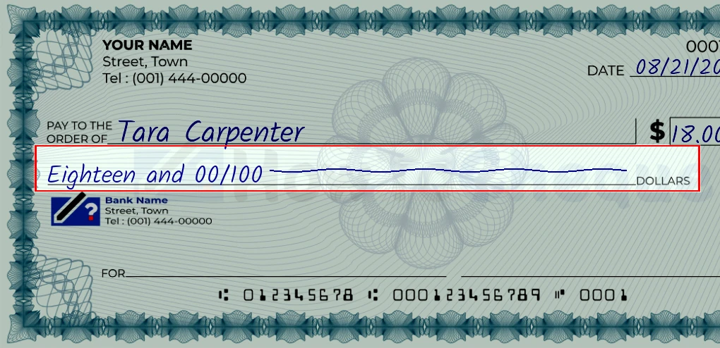 Step 4: Write the amount in words on the 18 dollar check, showing a check with 'Eighteen and 00/18' written in the amount field