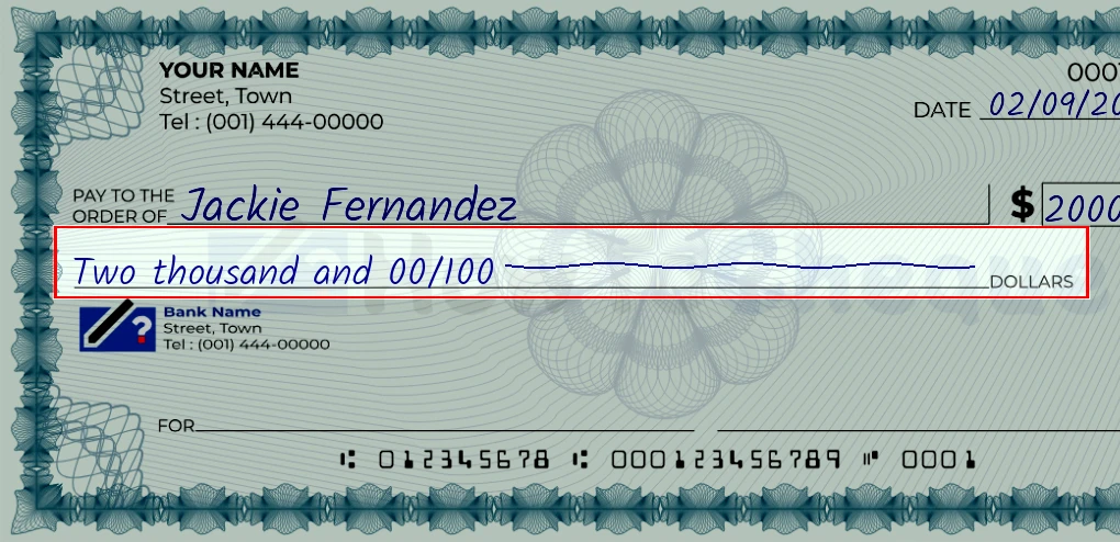 Step 4: Write the amount in words on the 2000 dollar check, showing a check with 'Two thousand and 00/2000' written in the amount field