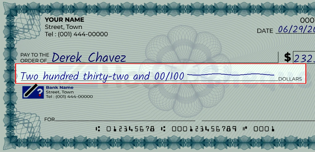 Step 4: Write the amount in words on the 232 dollar check, showing a check with 'Two hundred thirty-two and 00/232' written in the amount field