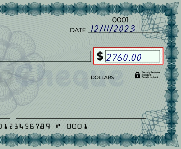 Step 3: Write the amount on the 2760 dollar check, showing a check with '2760.00' written in the amount field