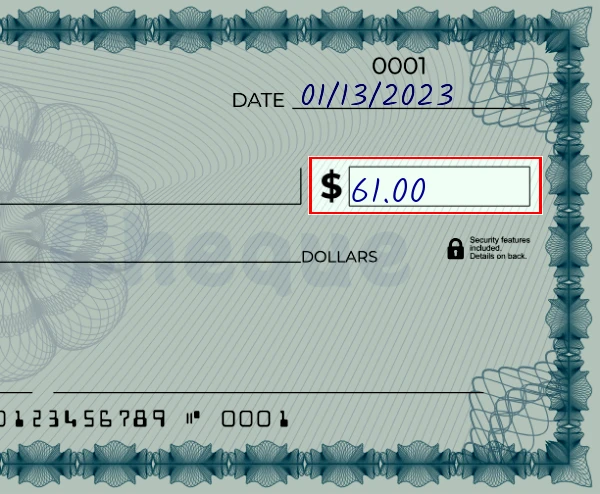 Step 3: Write the amount on the 61 dollar check, showing a check with '61.00' written in the amount field