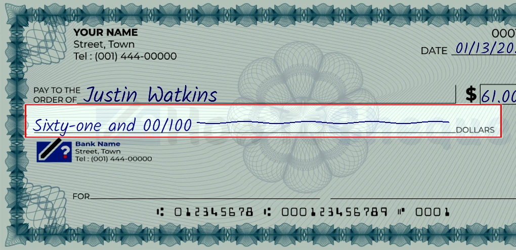 Step 4: Write the amount in words on the 61 dollar check, showing a check with 'Sixty-one and 00/61' written in the amount field