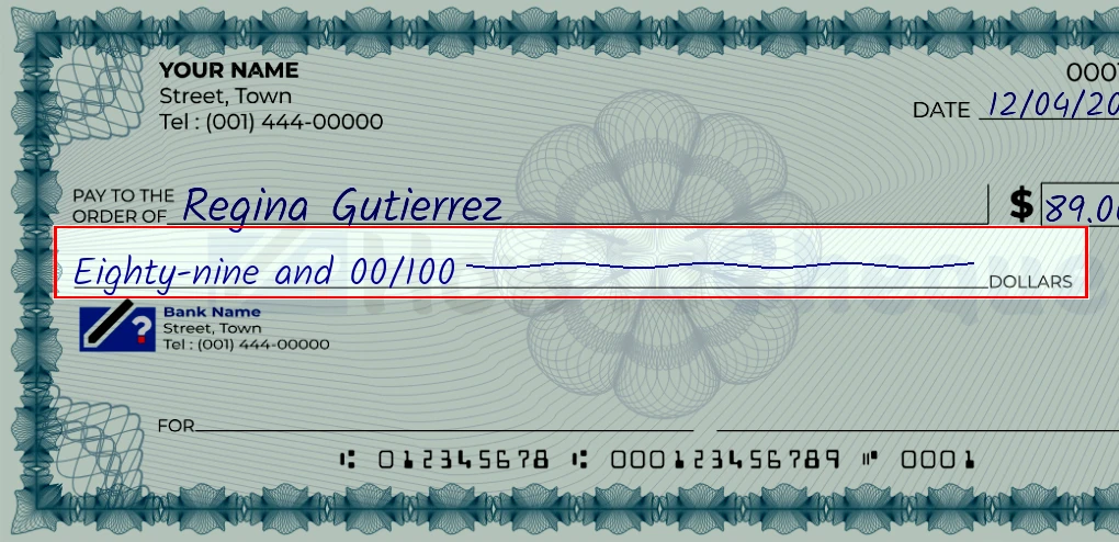 Step 4: Write the amount in words on the 89 dollar check, showing a check with 'Eighty-nine and 00/89' written in the amount field