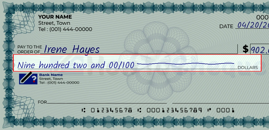 Step 4: Write the amount in words on the 902 dollar check, showing a check with 'Nine hundred two and 00/902' written in the amount field