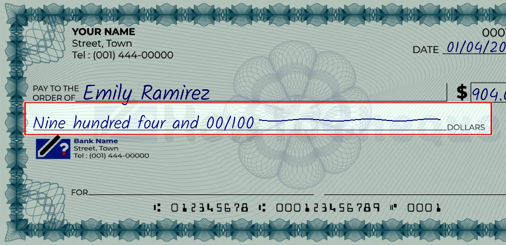 Step 4: Write the amount in words on the 904 dollar check, showing a check with 'Nine hundred four and 00/904' written in the amount field
