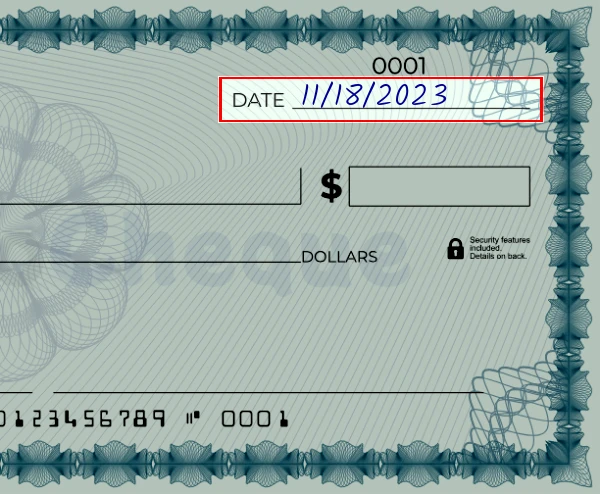 Step 1: Write the date on the 1120 dollar check, showing a blank check with the date field filled as 03/23/2023
