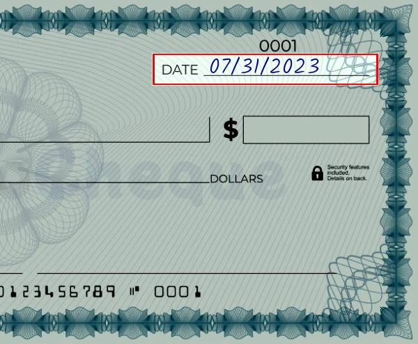 Step 1: Write the date on the 1157 dollar check, showing a blank check with the date field filled as 03/23/2023