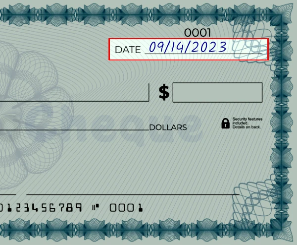 Step 1: Write the date on the 1303 dollar check, showing a blank check with the date field filled as 03/23/2023