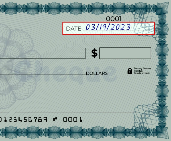 Step 1: Write the date on the 1312 dollar check, showing a blank check with the date field filled as 03/23/2023