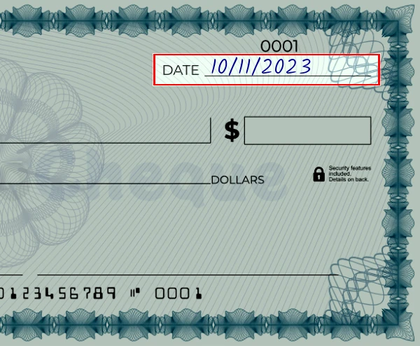 Step 1: Write the date on the 1620 dollar check, showing a blank check with the date field filled as 03/23/2023