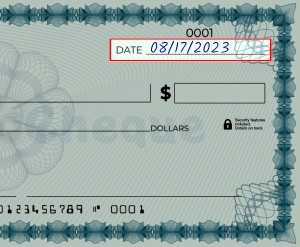 Step 1: Write the date on the 1640 dollar check, showing a blank check with the date field filled as 03/23/2023